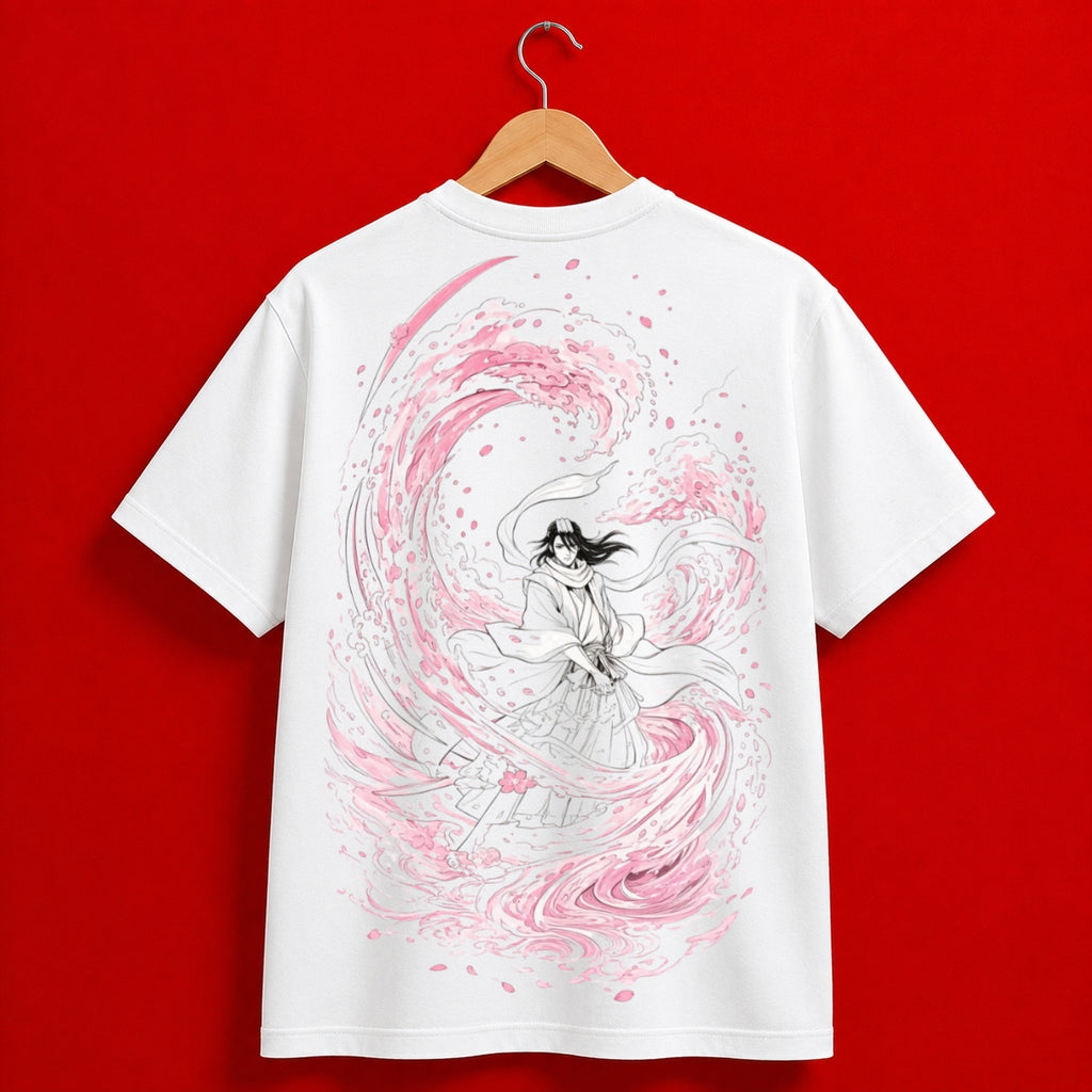 Japanese Samurai Wave Graphic Oversized T-Shirt – White & Pink