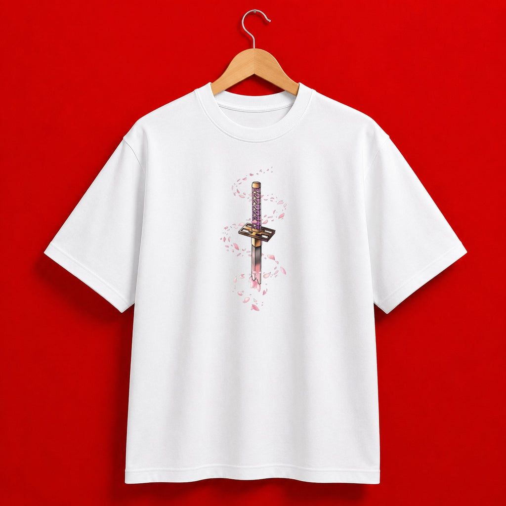 Japanese Samurai Wave Graphic Oversized T-Shirt – White & Pink
