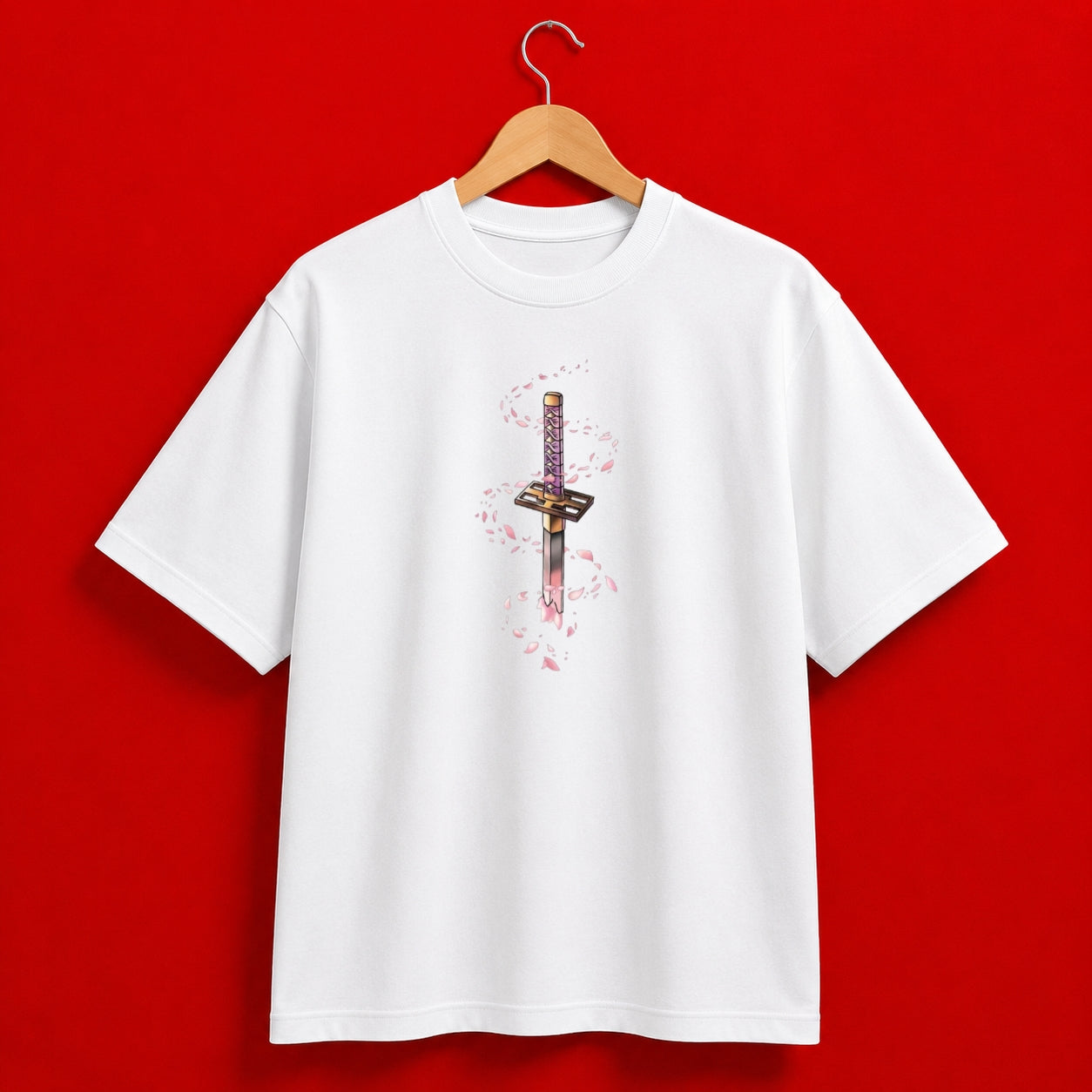 Japanese Samurai Wave Graphic Oversized T-Shirt – White & Pink